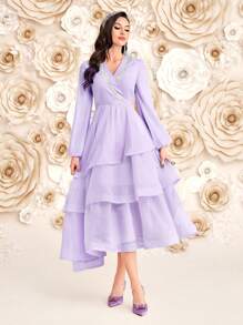 Modelyn Ladies' Solid Color Lace Flower Edge Lantern Sleeve Dress Long Evening Dresses - Mauve Purple - View 5