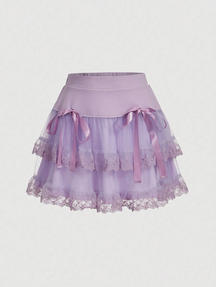SHEIN MOD Women's Double-Layered Mesh Skirt With Bow Decoration And Ruffled Hem - Mauve Purple - View 1