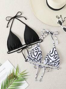 SHEIN Swim Women's Summer Beach Halter Neck Bikini Top - Black and White - View 1