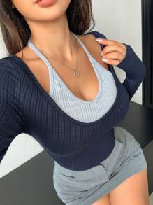 DAZY 修身仿套头衫双色长袖女式T恤，秋季服装 - 藏蓝色 - 查看 7