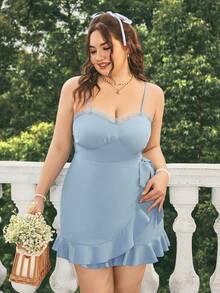 Dreamara Plus Size Nữ Màu Xanh Bọc Thắt Nơ Bên Ren Chia Spaghetti Dây Romper Áo Liền Quần - Màu xanh lam - Xem 4