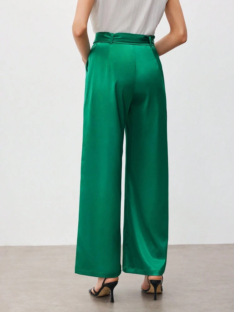 Women's Solid Color Jade Green Wide-Leg Pants With Belt