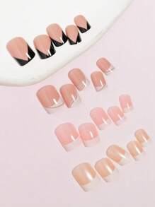 VV MEI JIA ER 96pcs(4Colors) Short Square Press On Nails Acrylic Short Fake Nails Full Cover Black And White French Designs Shiny Glue On Nails False Nail As Gift For Women And Girls With Storage Box Nail Supplies - Multicolor - View 5