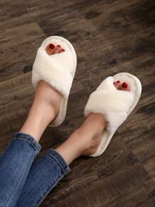 Fall/Winter Fluffy Women's Indoor Slippers, Cross Band Fur Slides, Silent Outsole