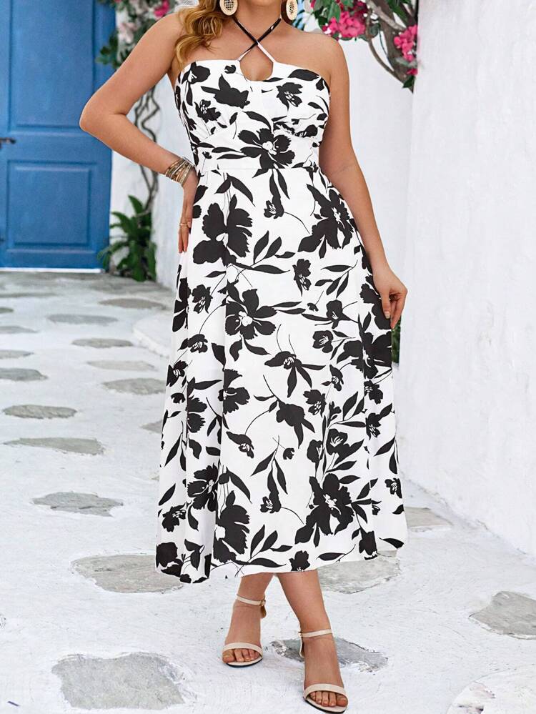 Women's Plus Size Flower Print Halter Neck Dress