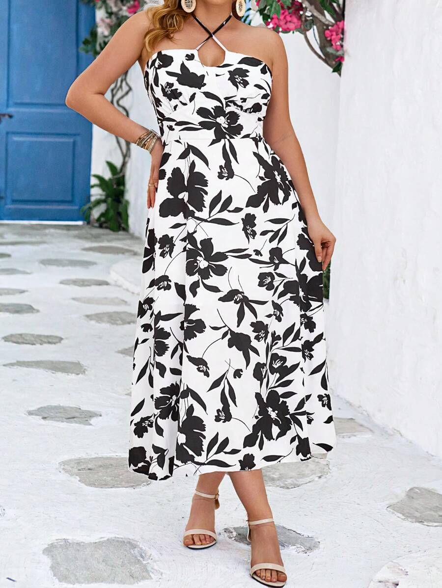 SHEIN Clasi 女士大尺碼花卉印花露背連衣裙