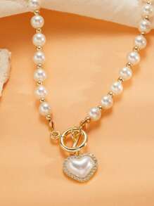 Collar con colgante de corazón con decoración de perlas falsas y hebilla OT, perfecto como regalo para el Día de San Valentín, Día de la Madre