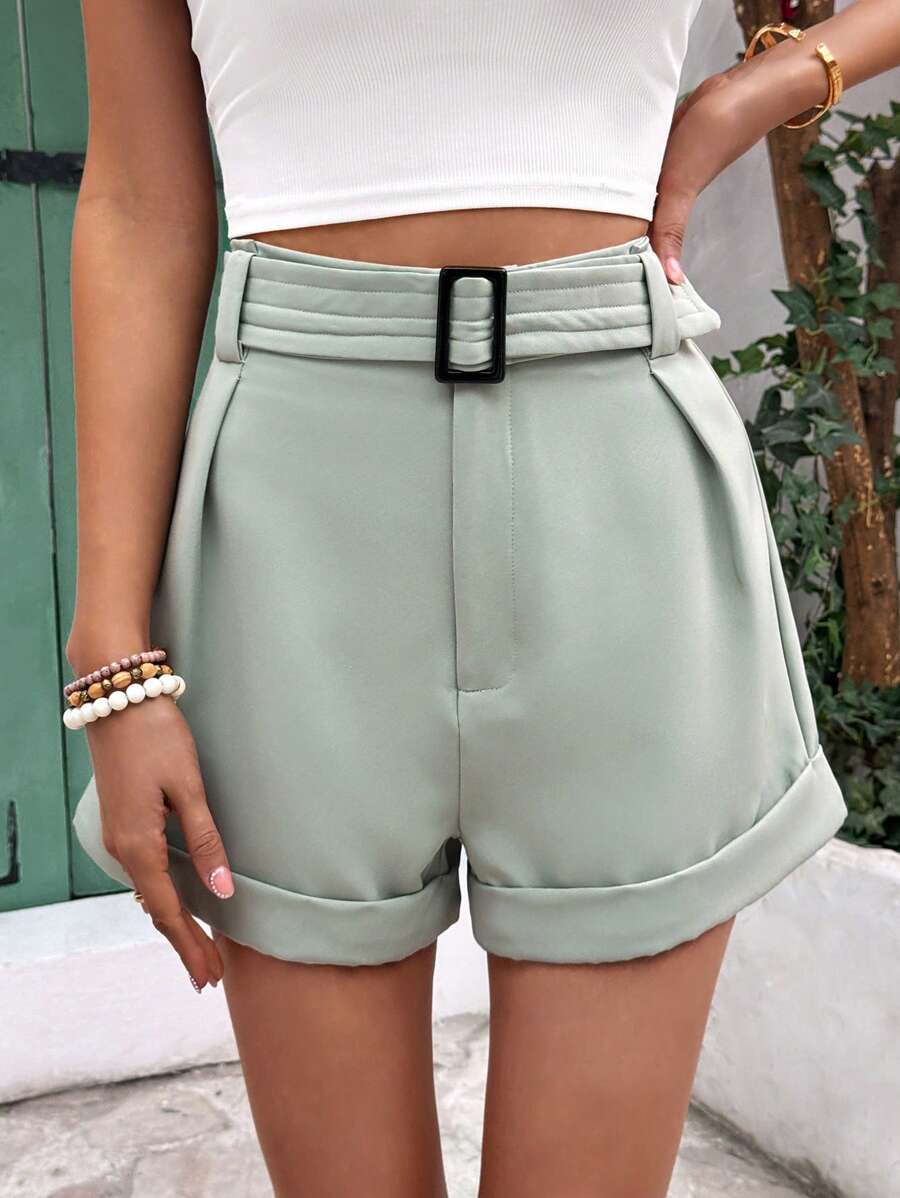 SHEIN Frenchy Solid Color Pleated Rolled Edge Wide Leg Casual Shorts Summer Green Christmas - Mint Green - View 1