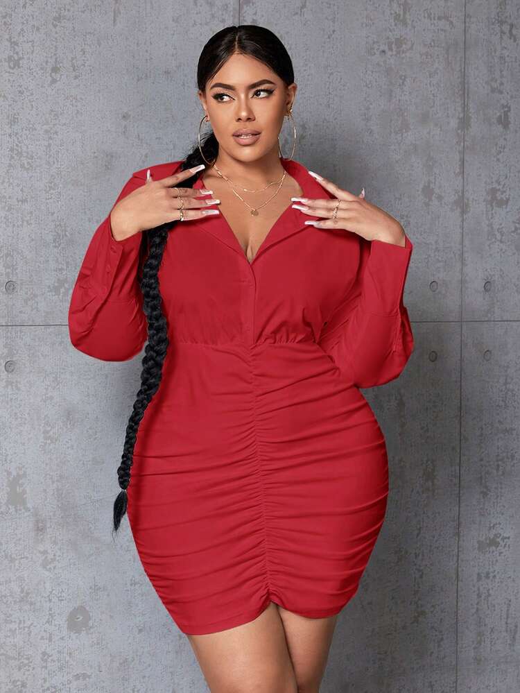 Plus Size Solid Color Pleated Bodycon Long Sleeved Dress