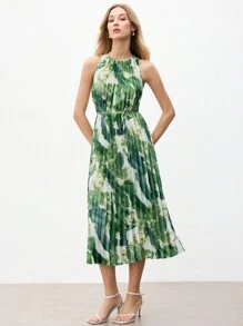 BizChic Vestido de mujer con estampado de teñido anudado verde y blanco, corte halter, plisado, con cinturón, para verano