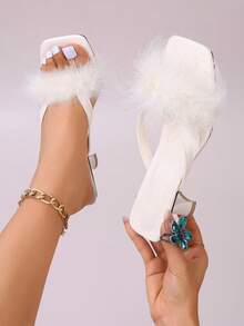 女士时尚米色毛茸茸不对称形状高跟凉鞋 - 米色 - 查看 1