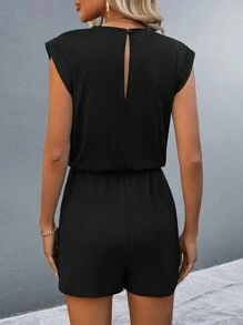 Calvaya Solid Color Sleeveless Cinching Waist Jumpsuit - Black - View 2