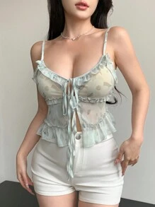 Dazy Designer 女士吊带背心，前系带设计，荷叶边装饰，性感女式上衣