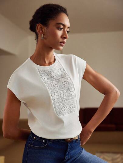 SOLID LACE INSERT BATWING SLEEVE TEE,SUMMER OUTFITS