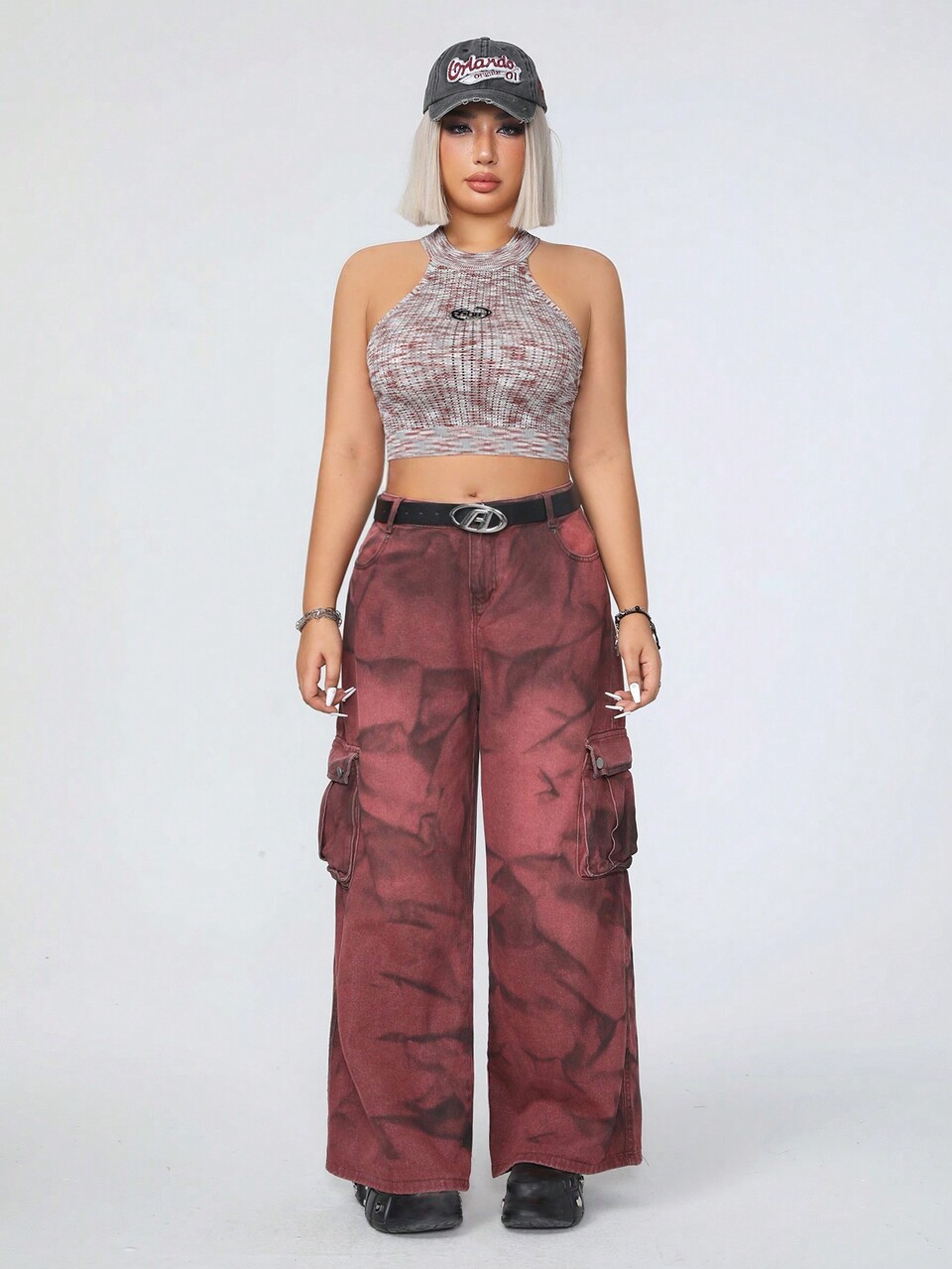 Plus Size Sleeveless Slim Fit Knit Cropped Halter Top With Neck Strap, Polyester Blend