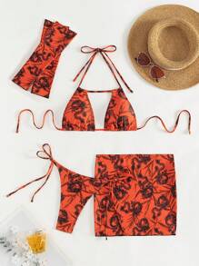 Swim SXY Women's Random Print Halter Neck Bikini Set 4pcs Summer