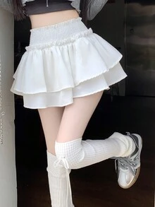 女士纯色荷叶边春夏休闲短裤 白色 - 白色 - 查看 3