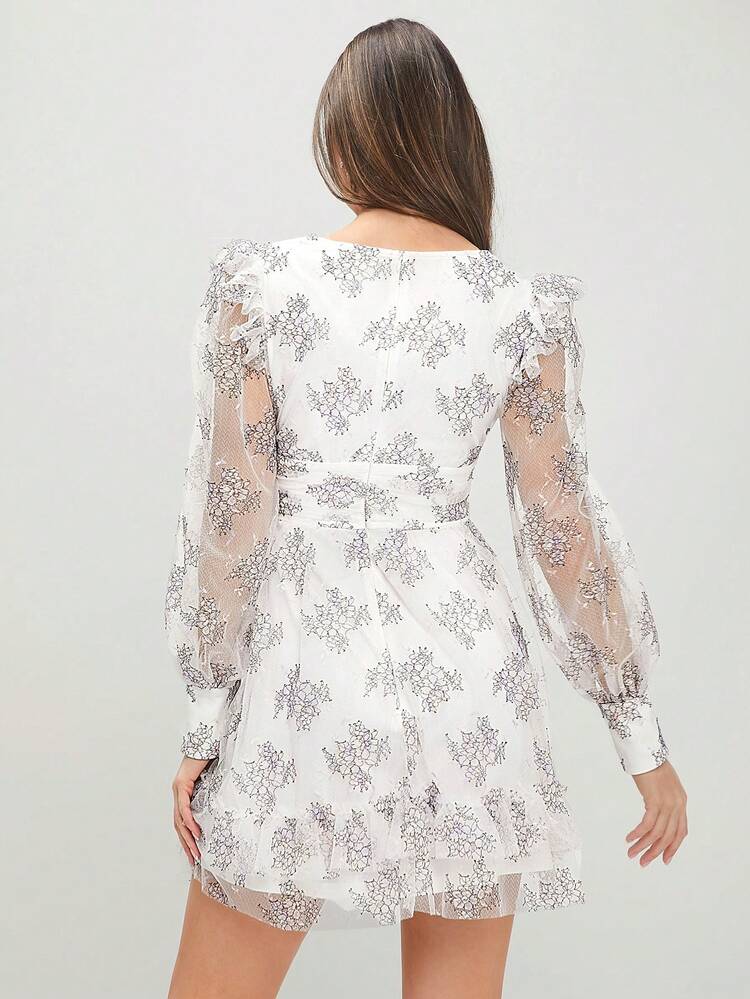 Women's Floral Lace Deep V-Neck Lantern Sleeve Waist Pleated Dress