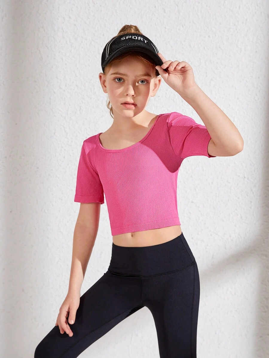 SHEIN Tween Girls' Basic Round Neck Short Sleeve Ribbed T-Shirt - Hot Pink - View 1