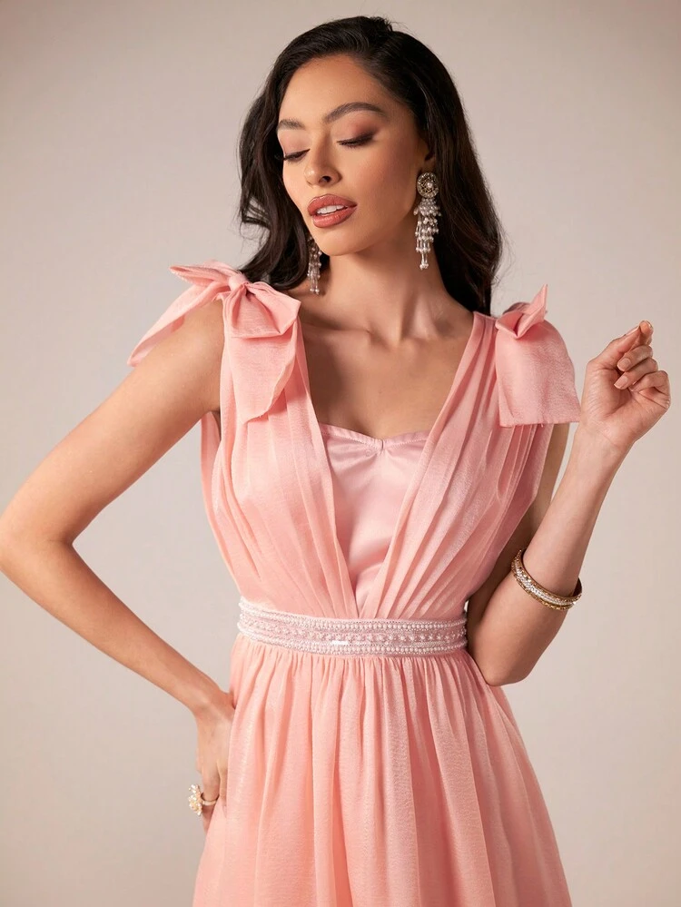 Women'S Beaded Detail Waist Cinched Pleated Dress Long Evening Dresses