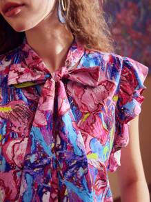 MOTF PREMIUM ALLOVER PRINT TIE NECK RUFFLE ARMHOLE BLOUSE