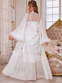 3d Lace Decor Heart Shaped Mesh Robe And Solid Color Satin Slip Dress, Pajama Set White Set, Vacation