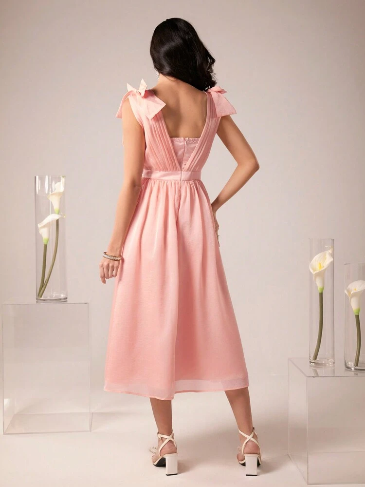 Women'S Beaded Detail Waist Cinched Pleated Dress Long Evening Dresses