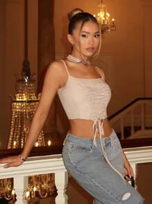 SHEIN BAE Của phụ nữ Màu thuần Thánh giá Băng bó Quần skinny Áo ba lỗ Áo - Màu be - Xem 3