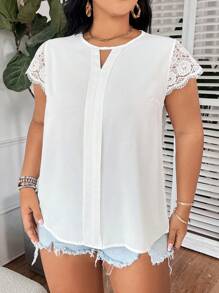 Flirla Plus Size Lace Spliced Hollow Out Casual Shirt - White - View 4