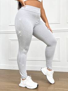 SHEIN Coolane Plus Size Leggings With Rhinestone Wing Design - Grey - View 3