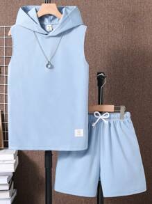 SHEIN Tween Boy Letter Patchwork Hooded Top And Shorts Set, School, Campus, College - Baby Blue - View 8