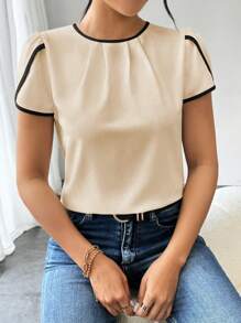 Ellegaria. Ladies' Color-Block Casual Shirt With Decorative Edges - Apricot - View 5