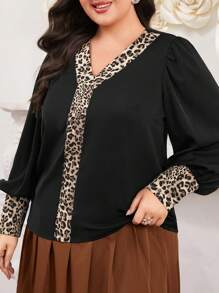 Modelyn Plus Size Leopard Print Patchwork Lantern Sleeve Shirt