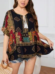 Plus Size Print Pattern Tie-Up Collar Casual Shirt Peplum Top For Summer - Multicolor - View 1