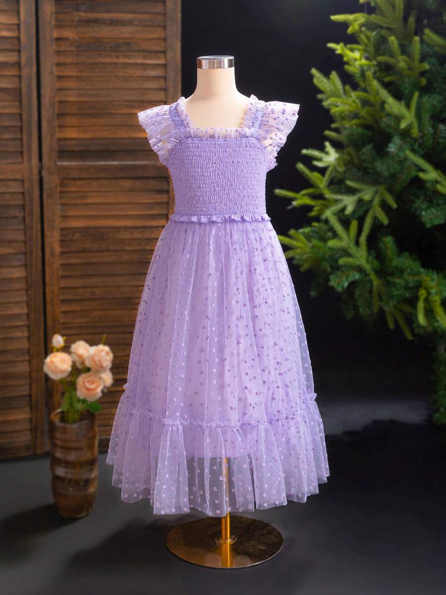 SHEIN 上班族女性的雪紡晚禮服連衣裙,有方領,褶邊和蕾絲圖案 - 淡紫色 - 查看 1