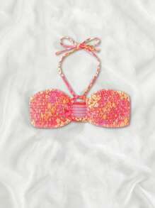SHEIN Swim 夏季沙灘花印緊身背心比基尼上衣，隨機印花 - 紅色 - 查看 3