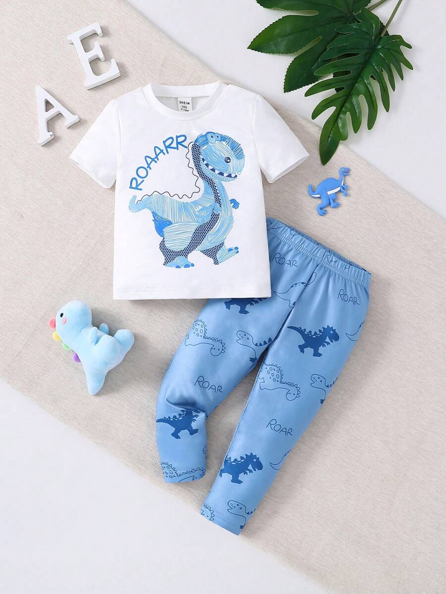 Conjunto de pijama con pantalones estampados de dinosaurios y camiseta de manga corta para bebé niño - Multicolor - Ver 1