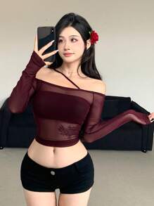 DAZY 女式不對稱領口網紗修身長袖上衣 - 紅色 - 查看 8