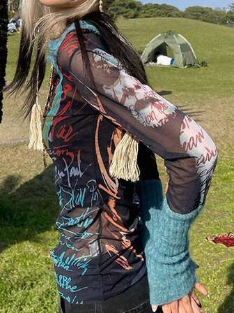 字母拼接布料長袖t恤