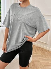 SHEIN EZwear Letter Embossed Drop Shoulder Short Sleeve T-Shirt - Grey - View 5