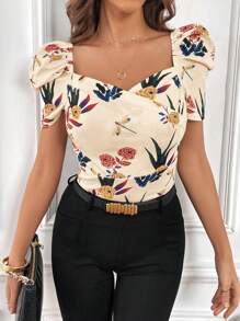 SHEIN Privé Camiseta De Manga Abullonada De Cuello Redondo Con Impresión De Botánica Y Libélula Para Mujer - Albaricoque - Ver 7