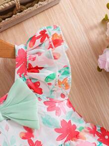 SHEIN Mehrschichtiges Baby Mädchenkleid mit Blumen- und Druckmuster im Casual-, Elegant- und Vintage-Stil mit Schleifenknoten als Dekoration. Geeignet für Aktivitäten im Freien im Frühling und Sommer.