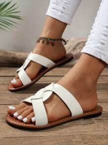 Spring And Summer New Ladies H Slippers, Fashionable And Casual Style Slides, Roman Style Slip-On Slippers, Slouchy Black, Comfortable Beige And Brown Flat Relief Slipper Recommended By Blogger