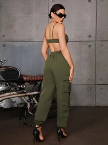 SHEIN SXY Giải trí Trang phục làm việc Phong cách Của phụ nữ Màu xanh lá Bộ Bao gồm Chân thẳng Túi Quần Và Quần skinny Xếp li Áo ba lỗ - xanh quân đội - Xem 2