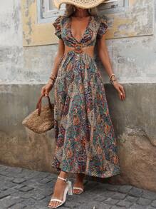 Breezaya Đầm Maxi Tay Loe In Cổ Chữ V Sâu Phong Cách Bohemian Cho Nữ Trang Phục Đi Biển - Nhiều màu - Xem 4