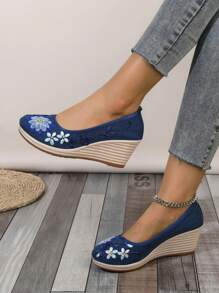 Của phụ nữ Đúng mốt & Thoải mái Chóp giầy tròn Xanh Thêu Giày lười Nêm & Nền tảng Giày đế bệt - Màu xanh lam - Xem 5