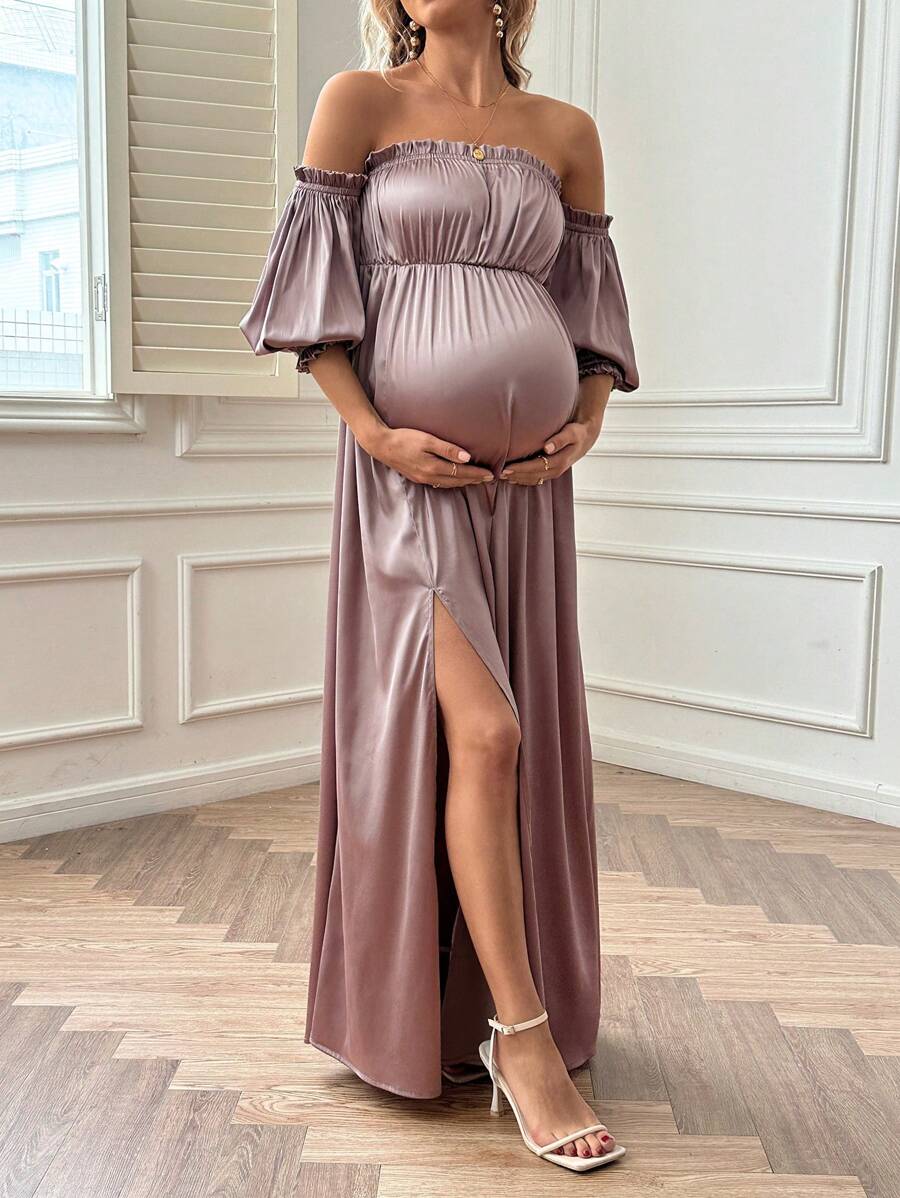 Robe D'été Moderne De Maternité De Couleur Unie Avec Coupe Épaule Dénudée Et Fente Latérale