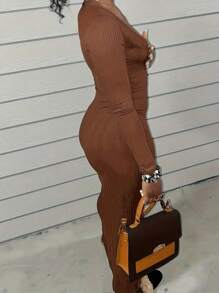女式深 V 领长袖超长紧身连衣裙，性感又时尚 - 棕色 - 查看 4