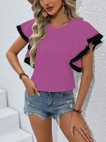 SHEIN Clasi Kontrastfarbe Lotusblatt Ärmel Runder Halsausschnitt Casual Shirt - Heißes Pink - Übersicht 3