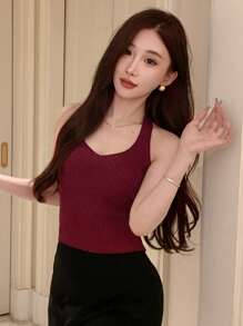 DAZY Áo dệt kim không tay dáng ôm màu trơn, cổ yếm, thích hợp cho kỳ nghỉ của nữ. - Màu Đỏ Sâu - Xem 7